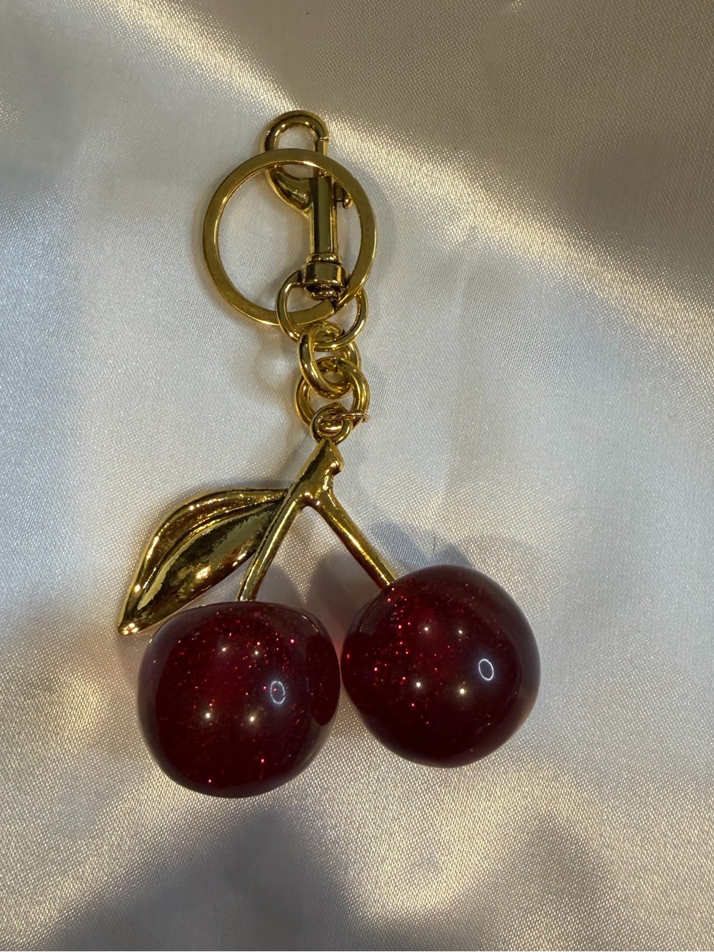 Cherry Bag Charm Keychain Red Glitter Gold Tone - Picture 2 of 4